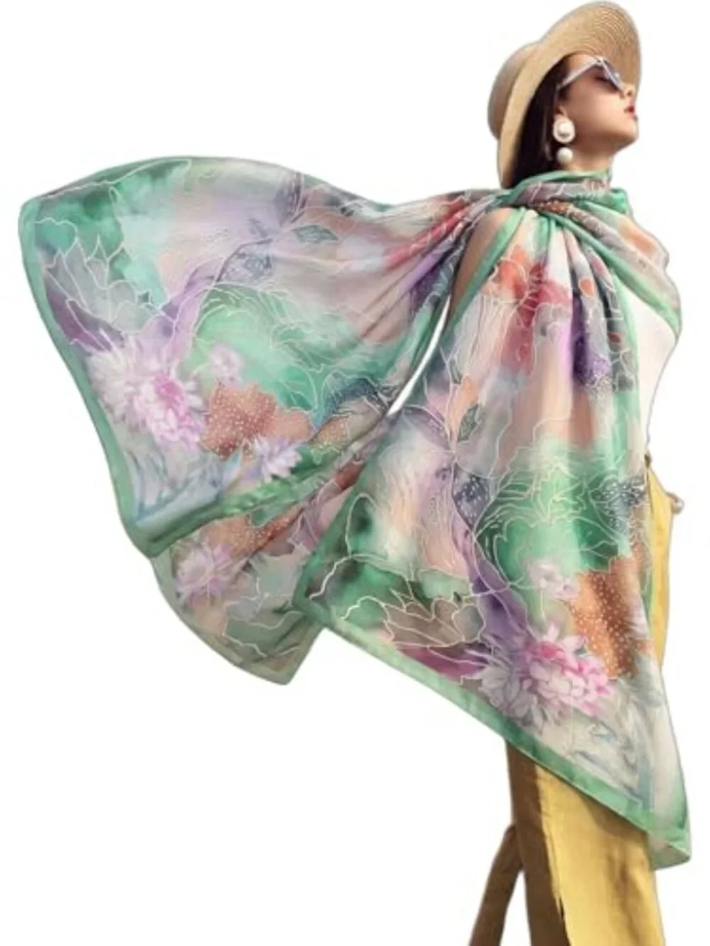 100% Mulberry Satin Silk Floral Pashmina Shawl Wrap Extra Large Oversized Scarf